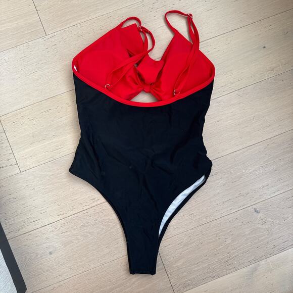 QEARAL Red Tie Front Bikini Top Black High-Waist Thong One Piece Swim | Small - Picture 4 of 7